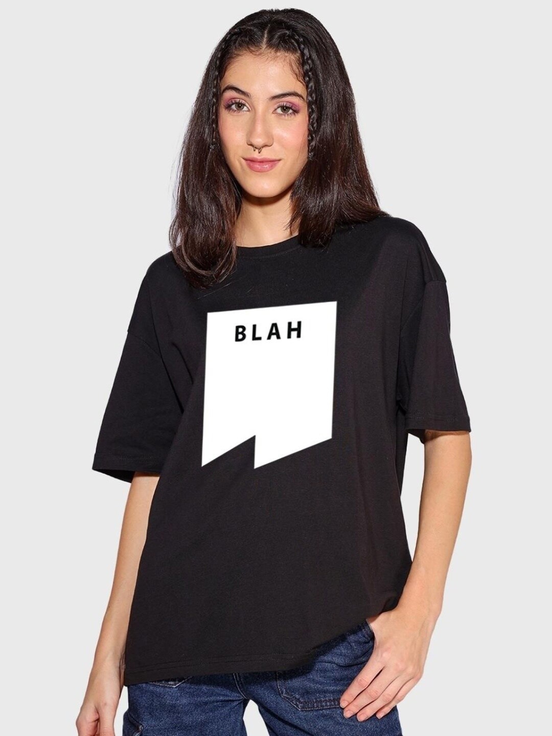 

Bewakoof Women Monochrome Loose Fitted Cotton T-shirt, Black