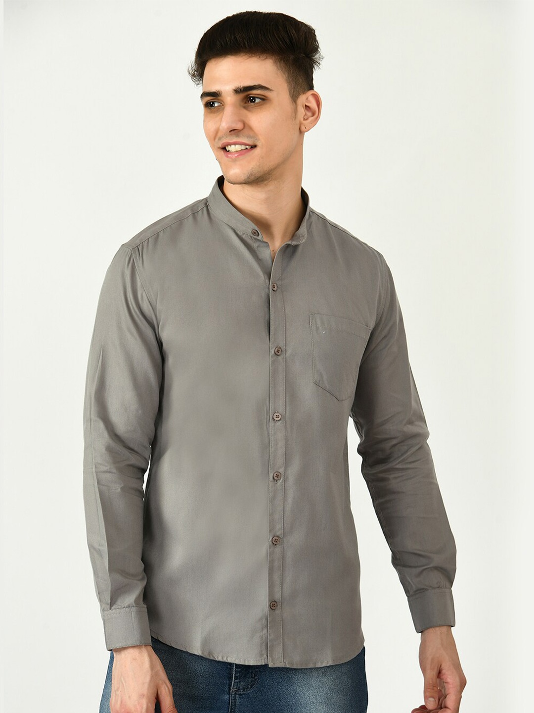 

Riara Smart Casual Mandarin Collar Cotton Shirt, Grey