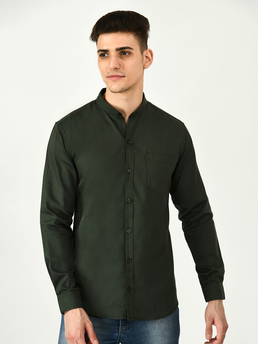 

Riara Smart Mandarin Collar Casual Cotton Shirt, Green