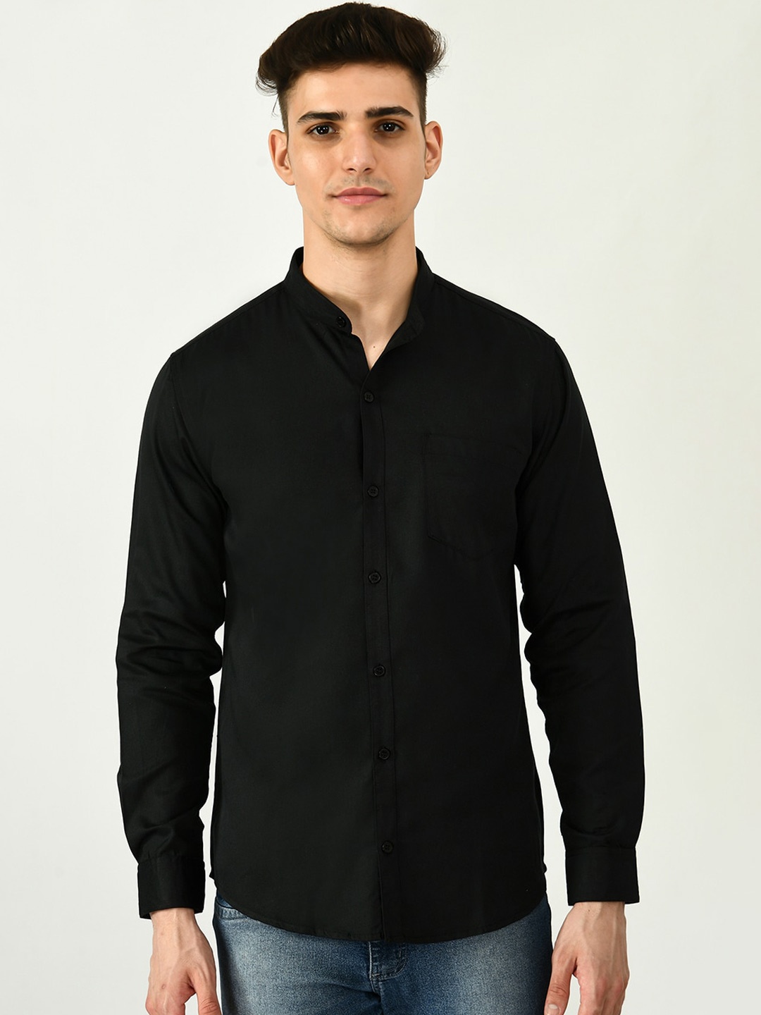 

Riara Men Mandarin Collar Casual Cotton Shirt, Black