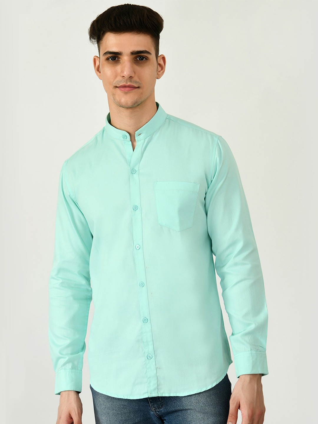 Riara Men Mandarin Collar Casual Cotton Shirt, Sea green