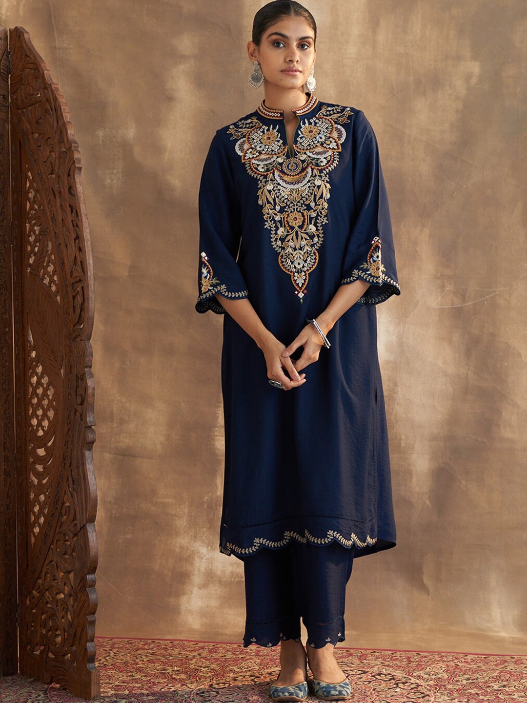 

Lakshita Women Plus Size Ethnic Motifs Embroidered Kurta with Palazzos, Navy blue