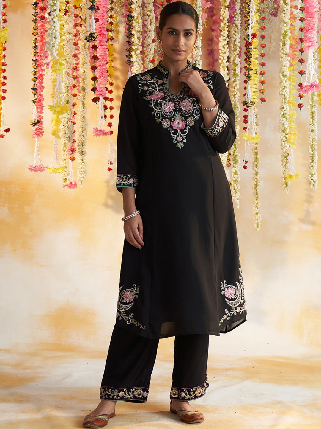

Lakshita Women Ethnic Motifs Embroidered A-Line Kurta with Palazzos, Black