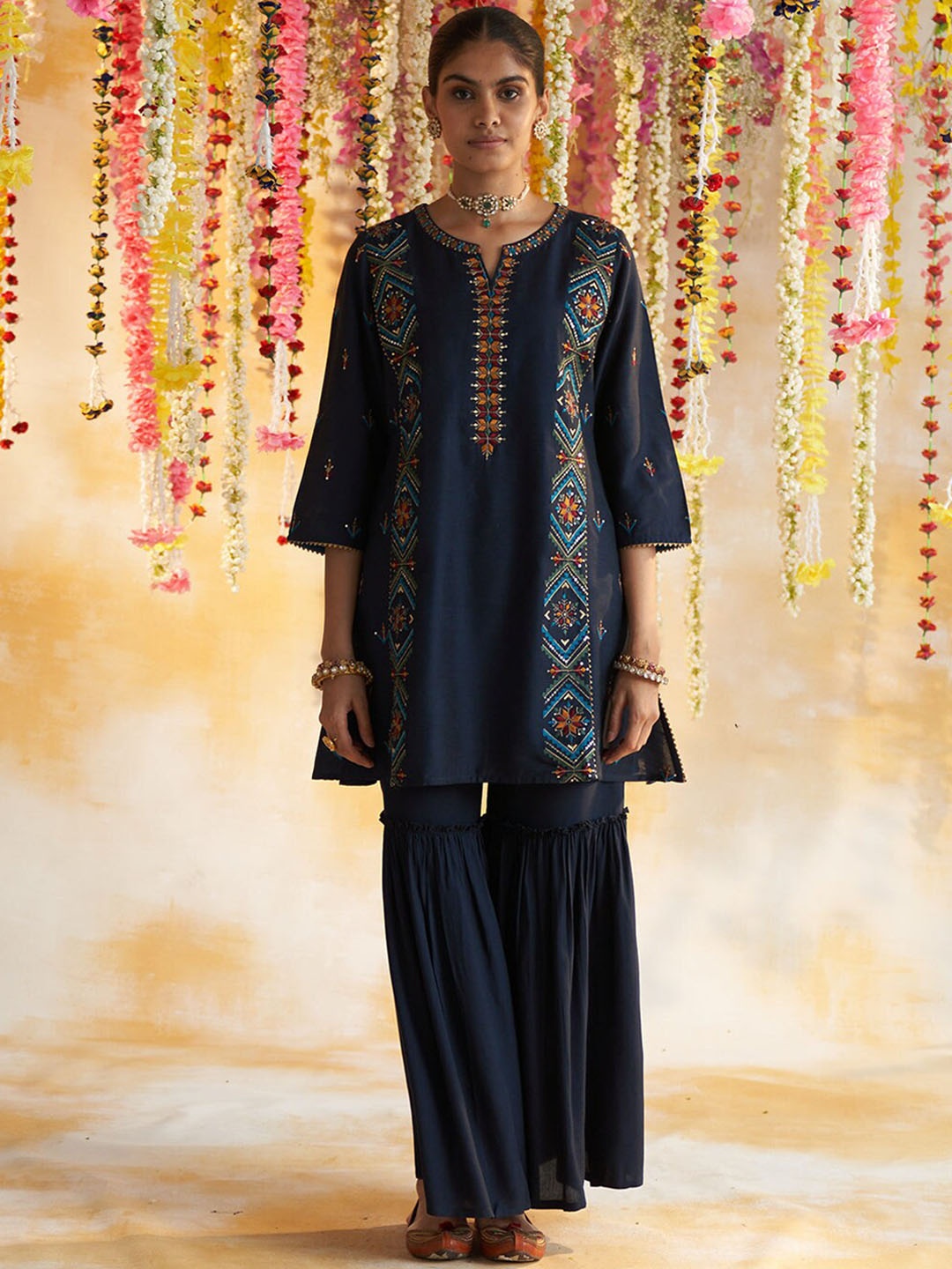 Lakshita Women Ethnic Motifs Embroidered Kurta with Sharara, Navy blue