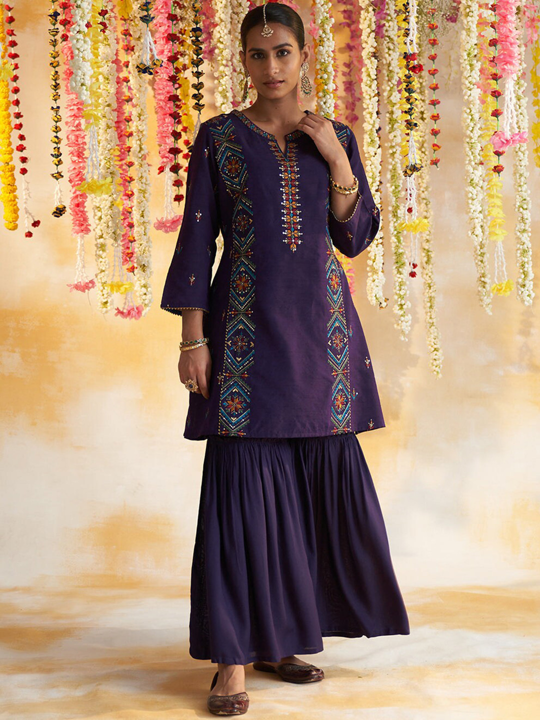 

Lakshita Women Ethnic Motifs Embroidered Notch Neck Kurta with Sharara, Purple