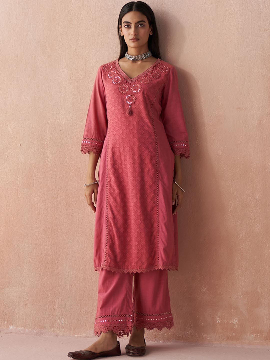 Lakshita Women Ethnic Motifs Embroidered Mirror Work Kurta with Palazzos, Red