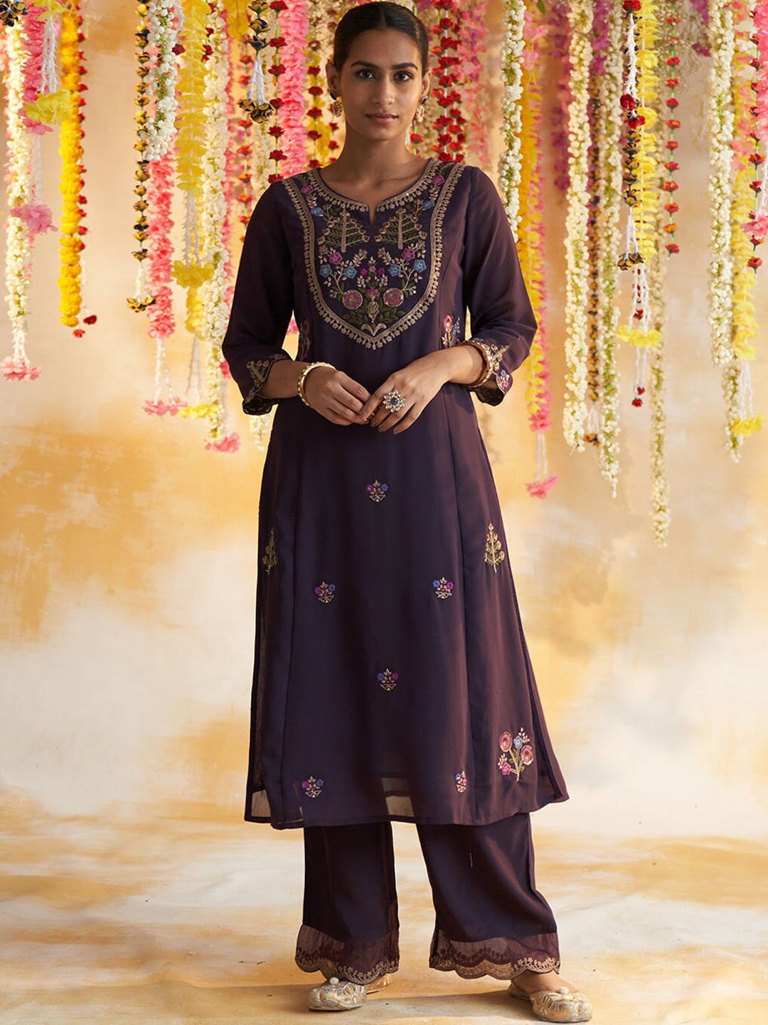 

Lakshita Women Ethnic Motifs Embroidered Notch Neck Kurta with Palazzos, Purple