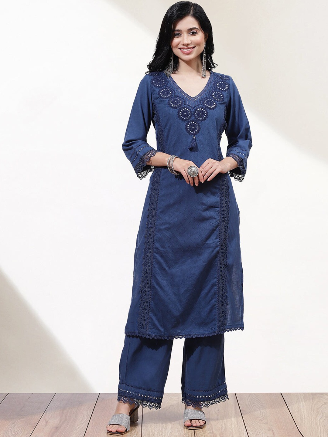 

Lakshita Women Plus Size Ethnic Motifs Embroidered Mirror Work Kurta with Palazzos, Blue