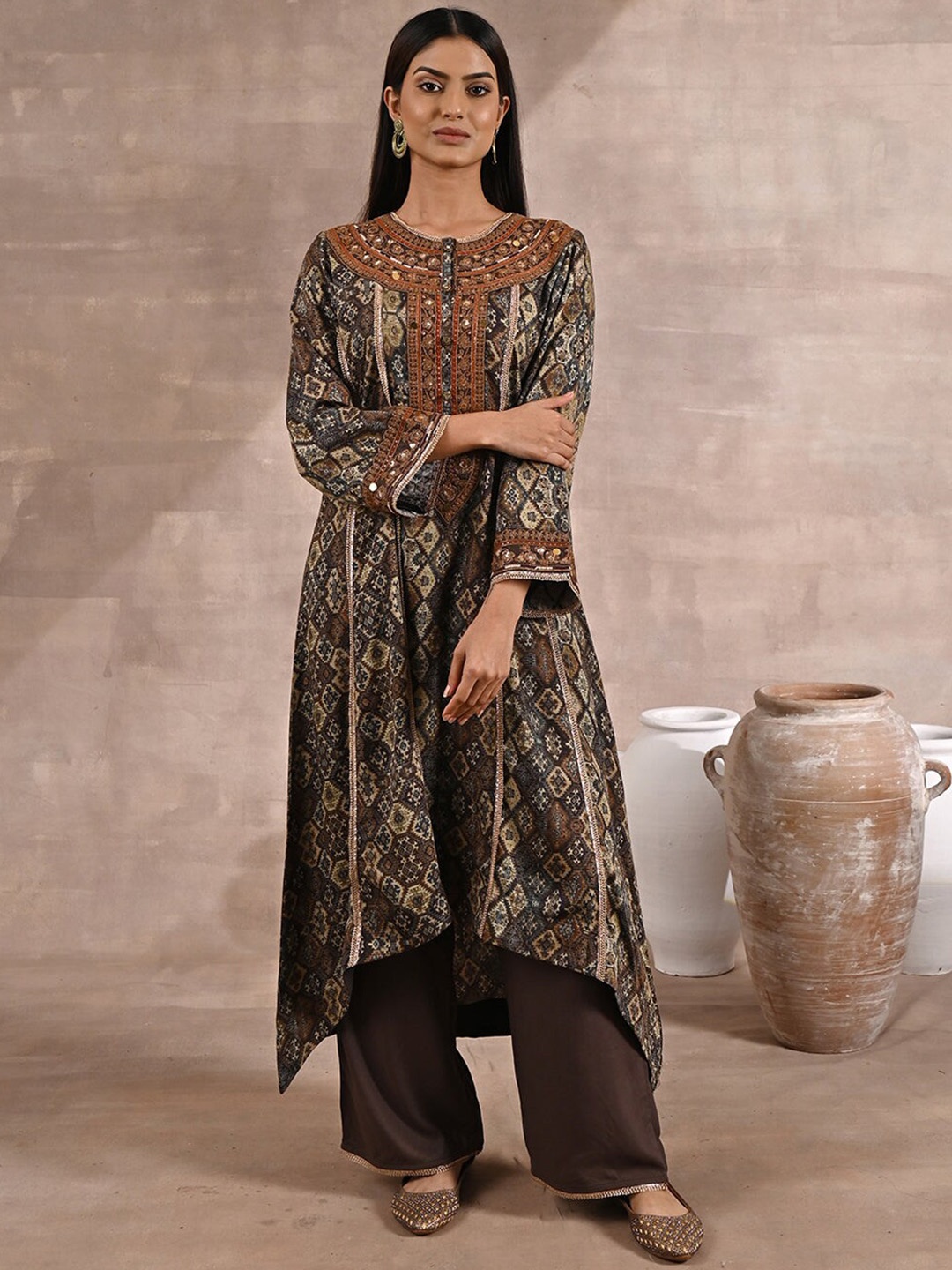 

Lakshita Women Plus Size Ethnic Motifs Printed Sequinned Kurta with Palazzos, Brown