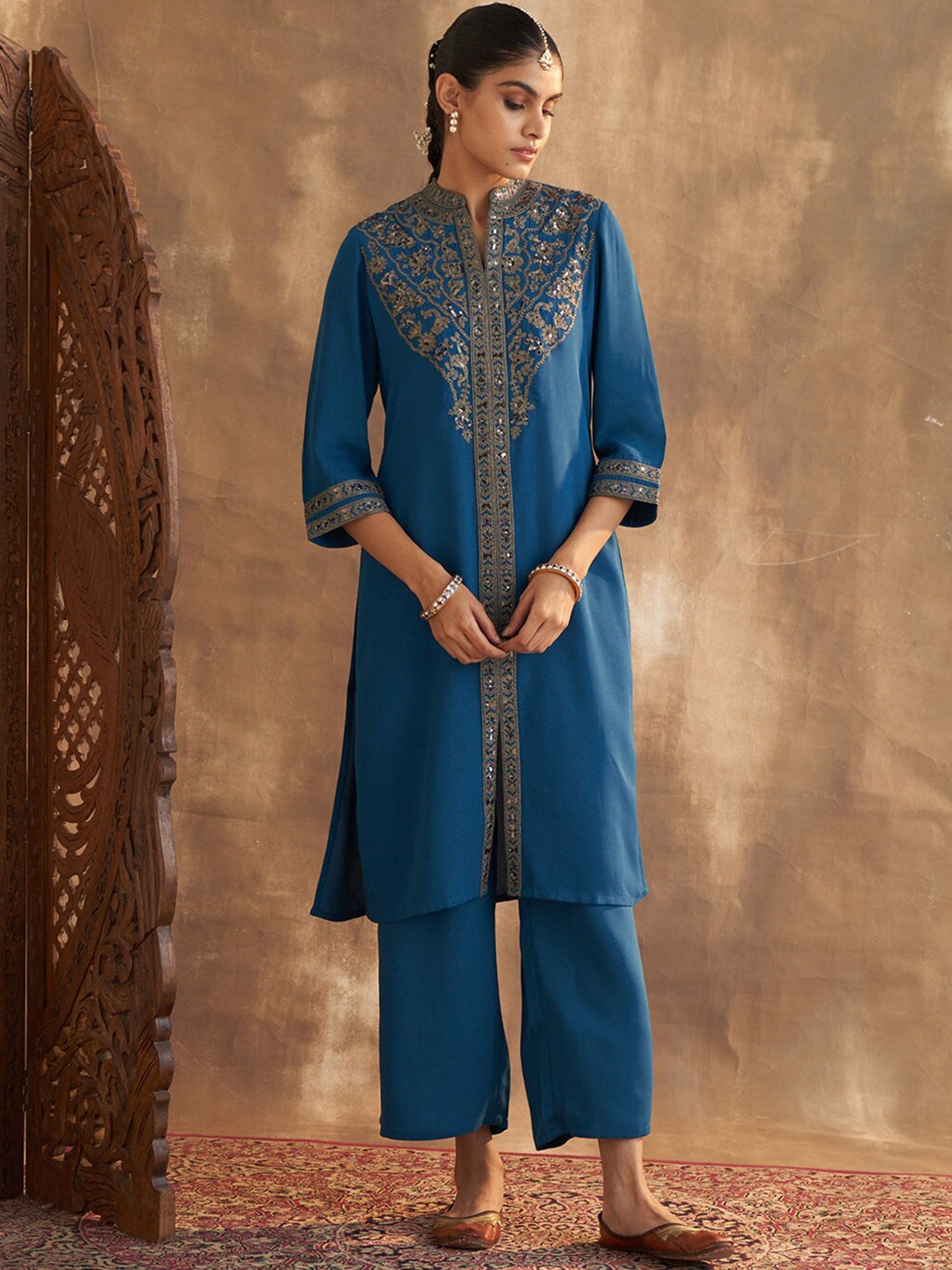 

Lakshita Women Plus Size Ethnic Motifs Embroidered Kurta With Palazzos, Teal