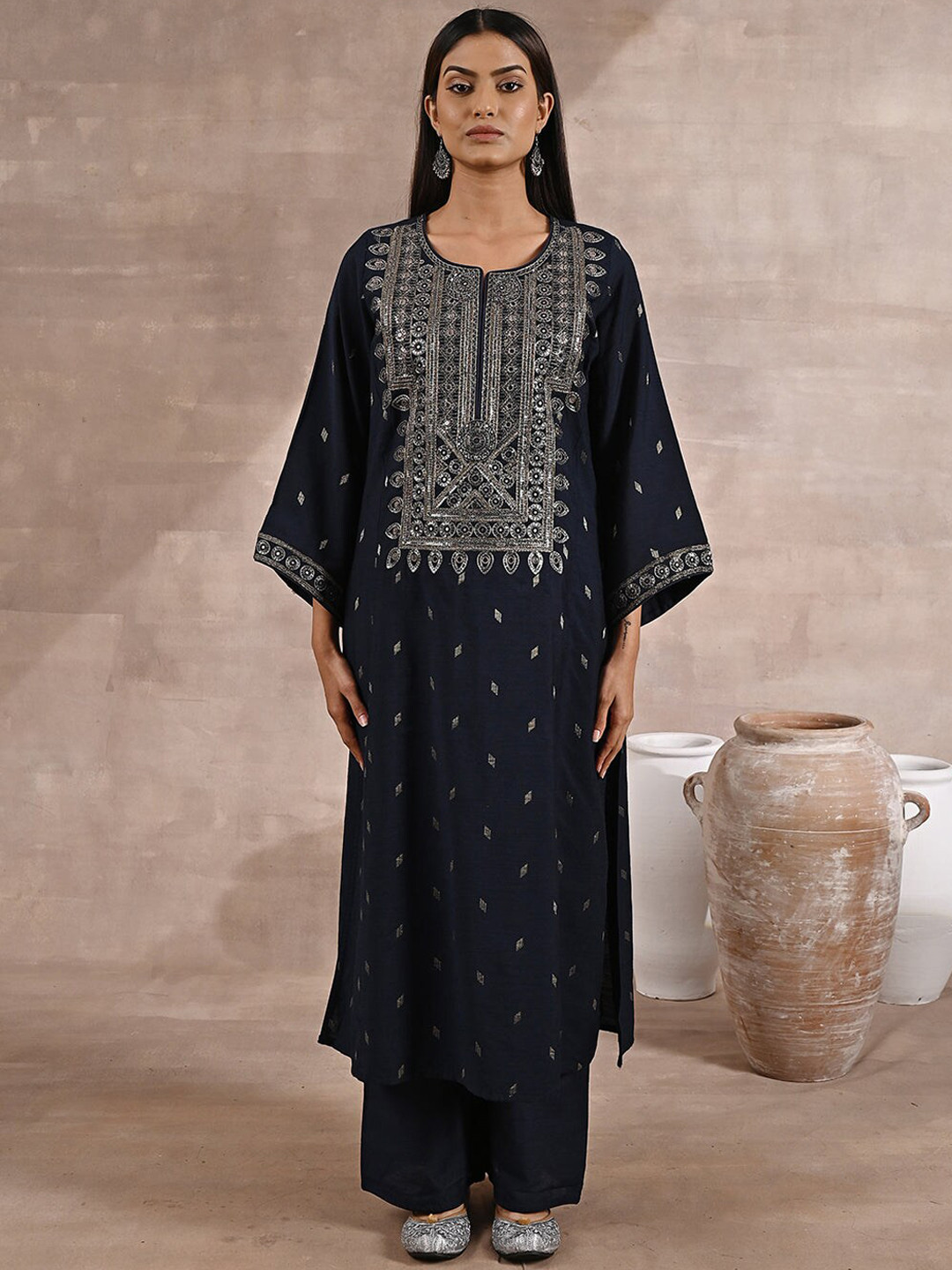 

Lakshita Women Plus Size Ethnic Motifs Embroidered Sequinned Kurta With Palazzos, Blue