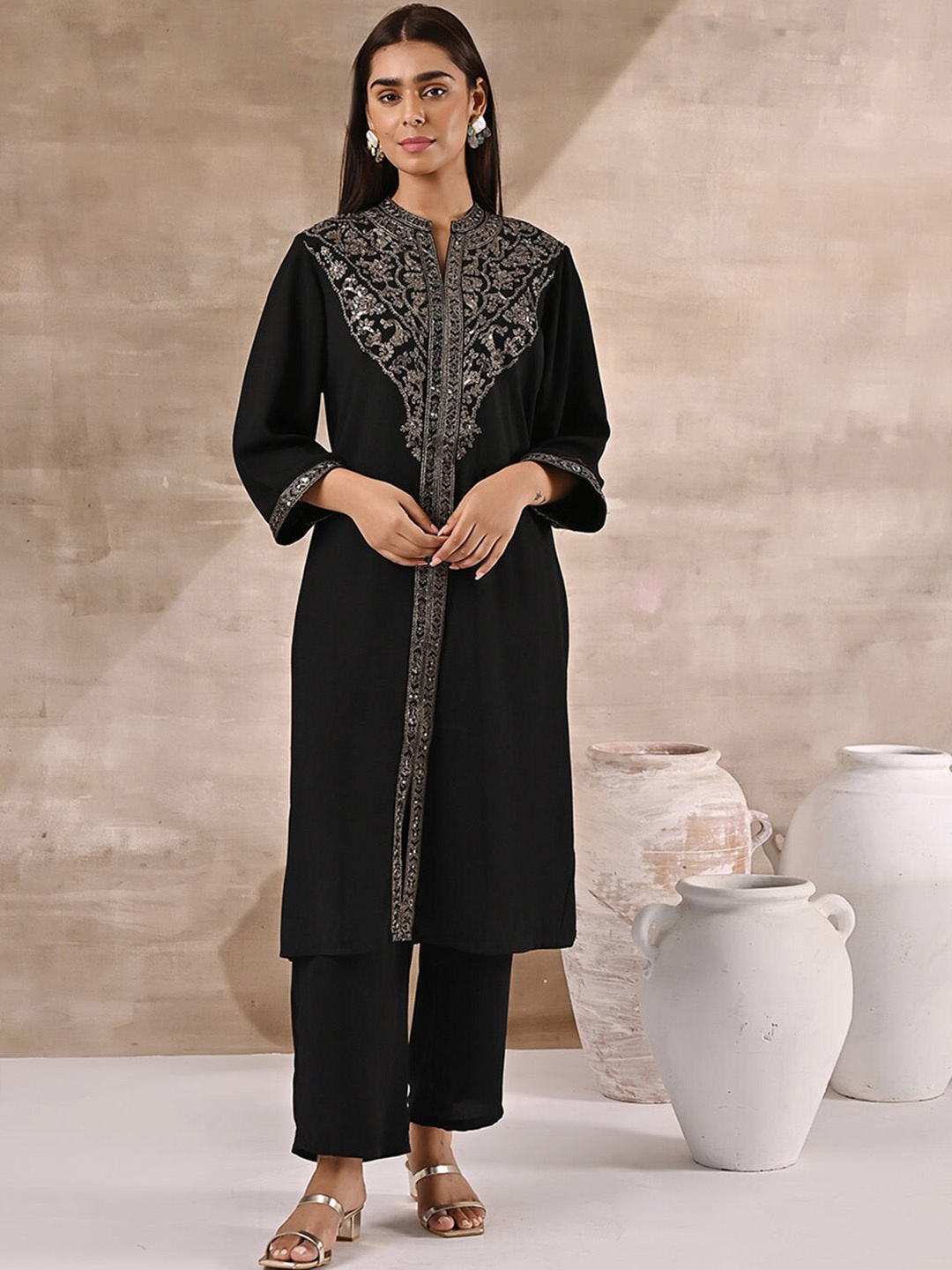 

Lakshita Women Plus Size Ethnic Motifs Embroidered Kurta With Palazzos, Black