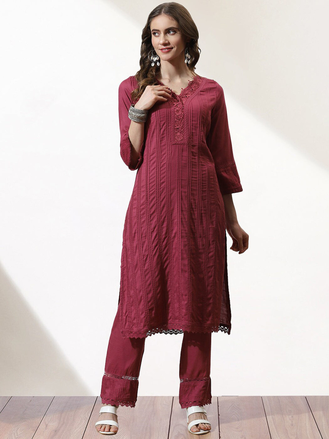 

Lakshita Women Bell Sleeves Kurta With Palazzos, Maroon
