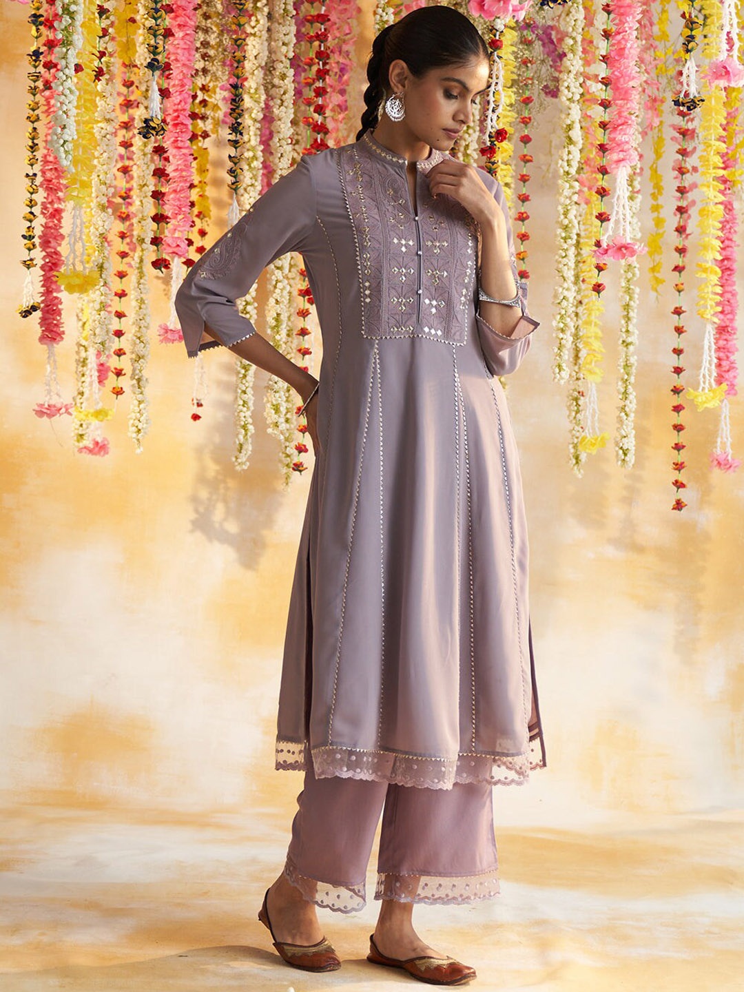 

Lakshita Embroidered Mandarin Collar Straight Kurta with Palazzos, Mauve