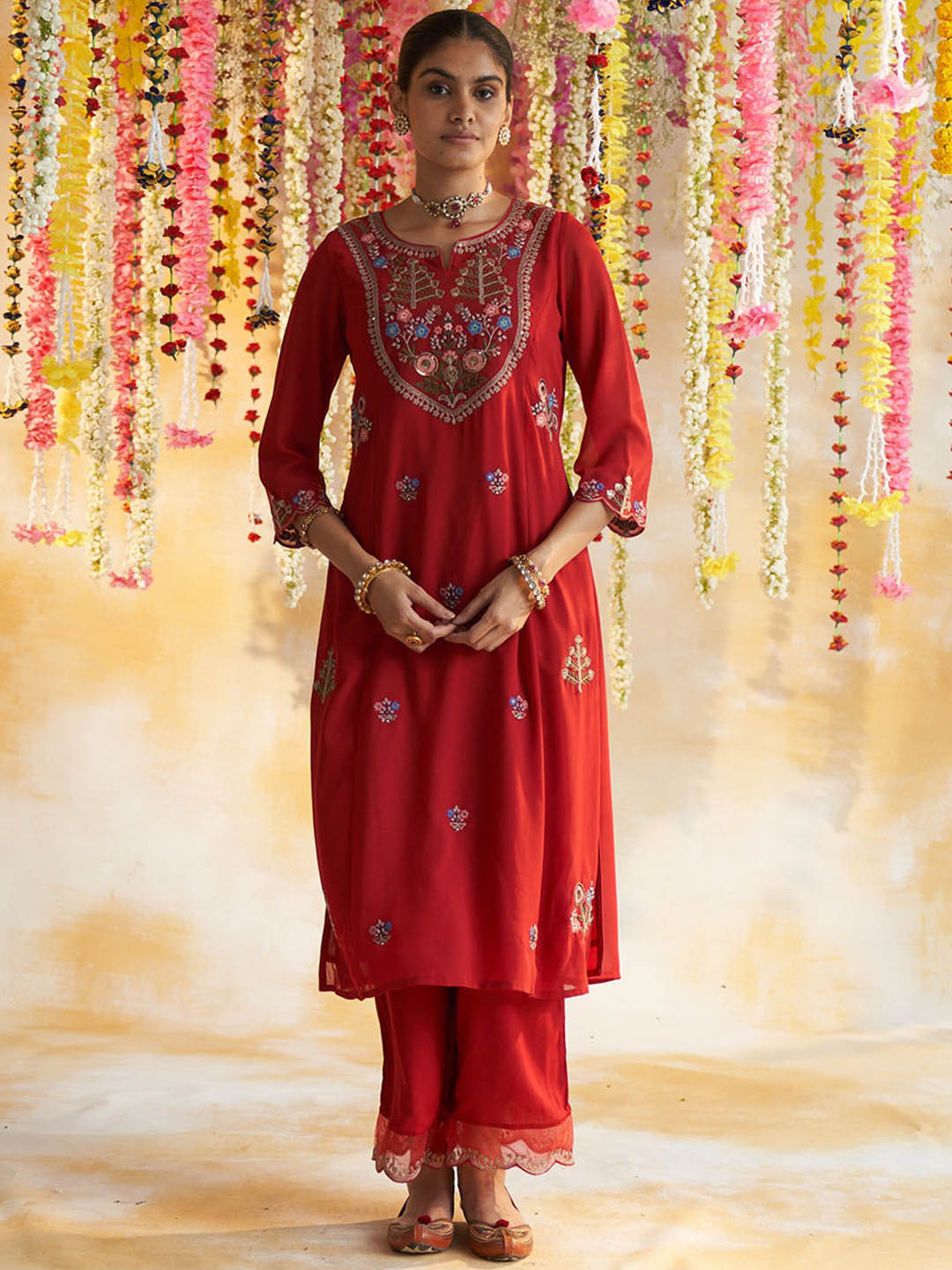 

Lakshita Embroidered Straight Kurta with Palazzos, Red