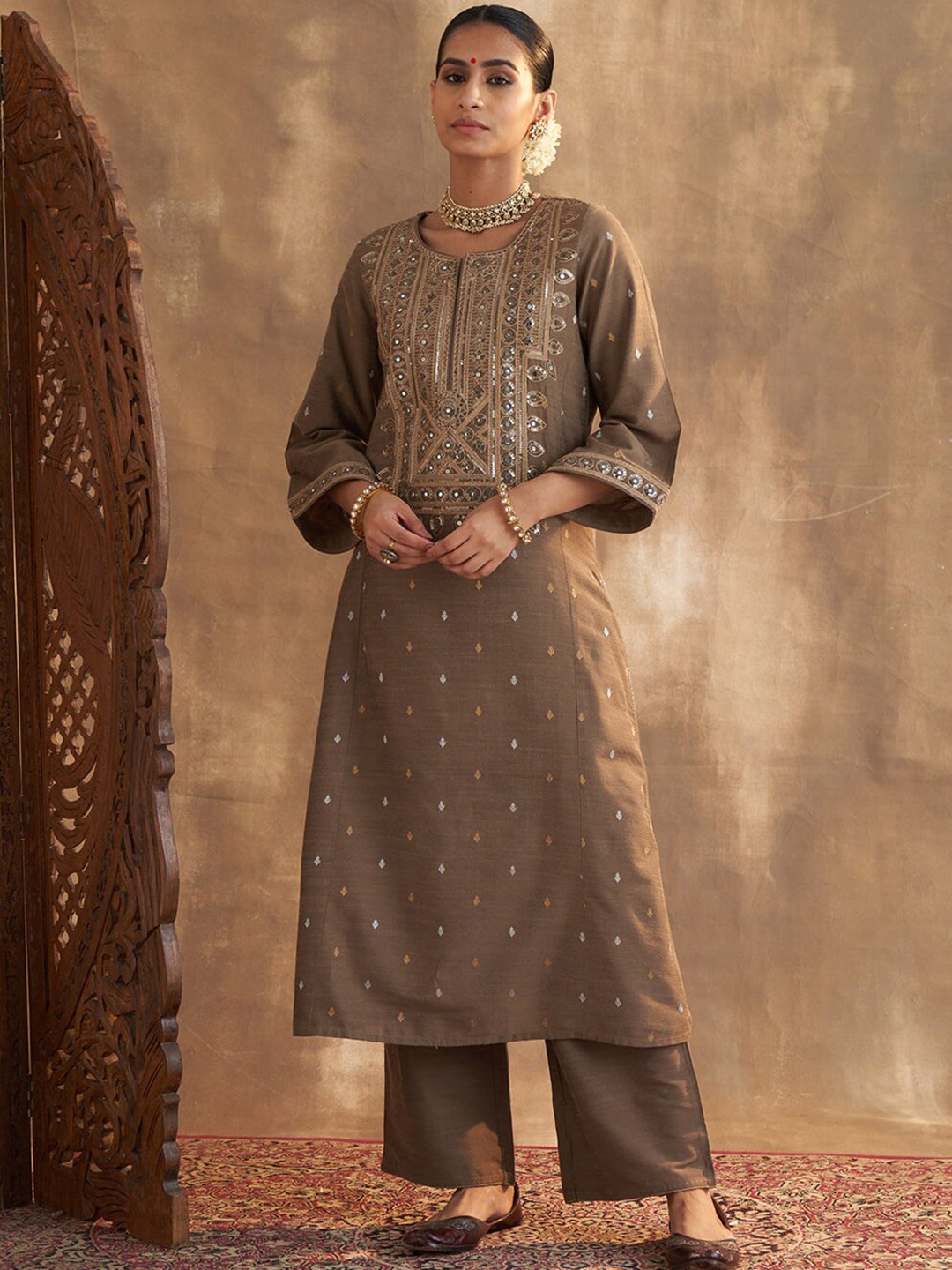 

Lakshita Embroidered Round Neck Straight Kurta with Palazzos, Beige