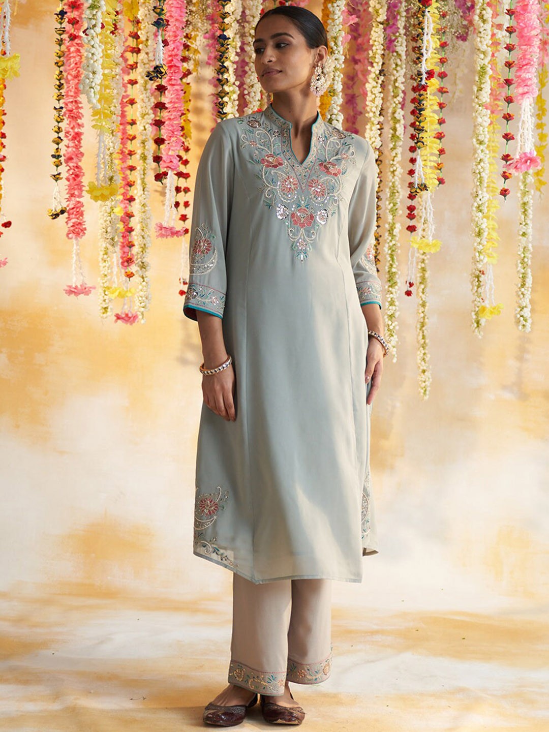Lakshita Women Floral Embroidered Kurta with Palazzos, Sea green