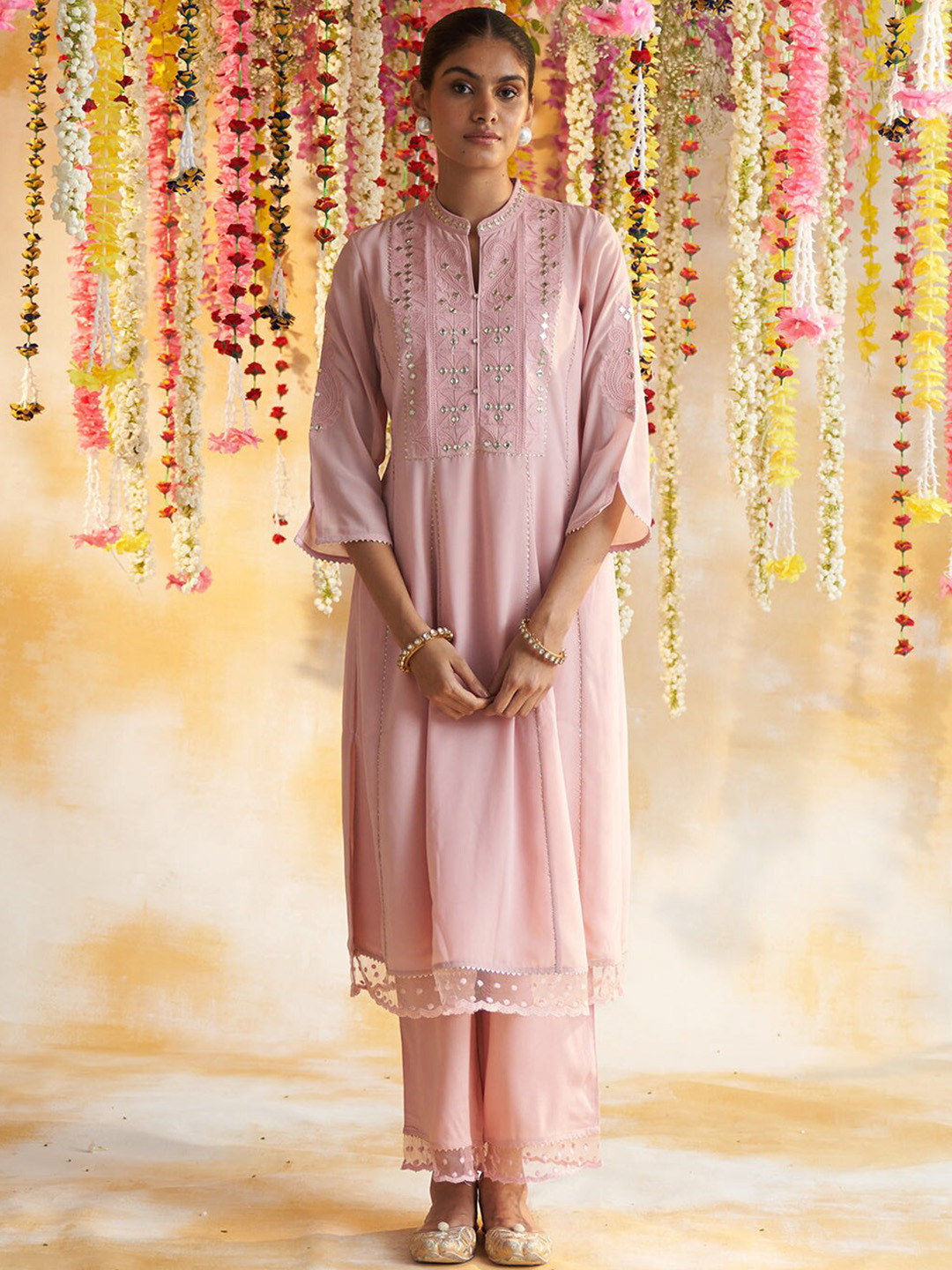 

Lakshita Plus Size Ethnic Motifs Embroidered Gotta Patti Panelled Kurta with Palazzos, Pink