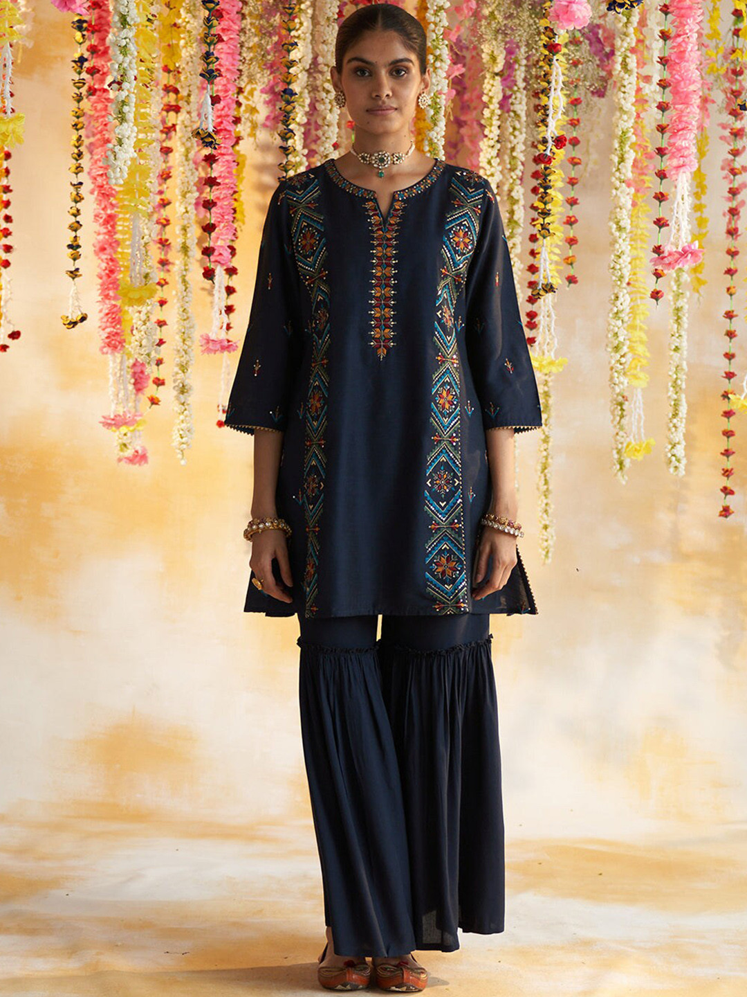 

Lakshita Plus Size Ethnic Motifs Embroidered Thread Work Notched Neck Kurta with Sharara, Navy blue