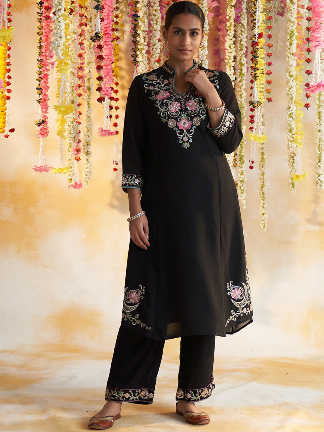 

Lakshita Plus Size Ethnic Motifs Embroidered Thread Work Panelled Kurta with Palazzos, Black