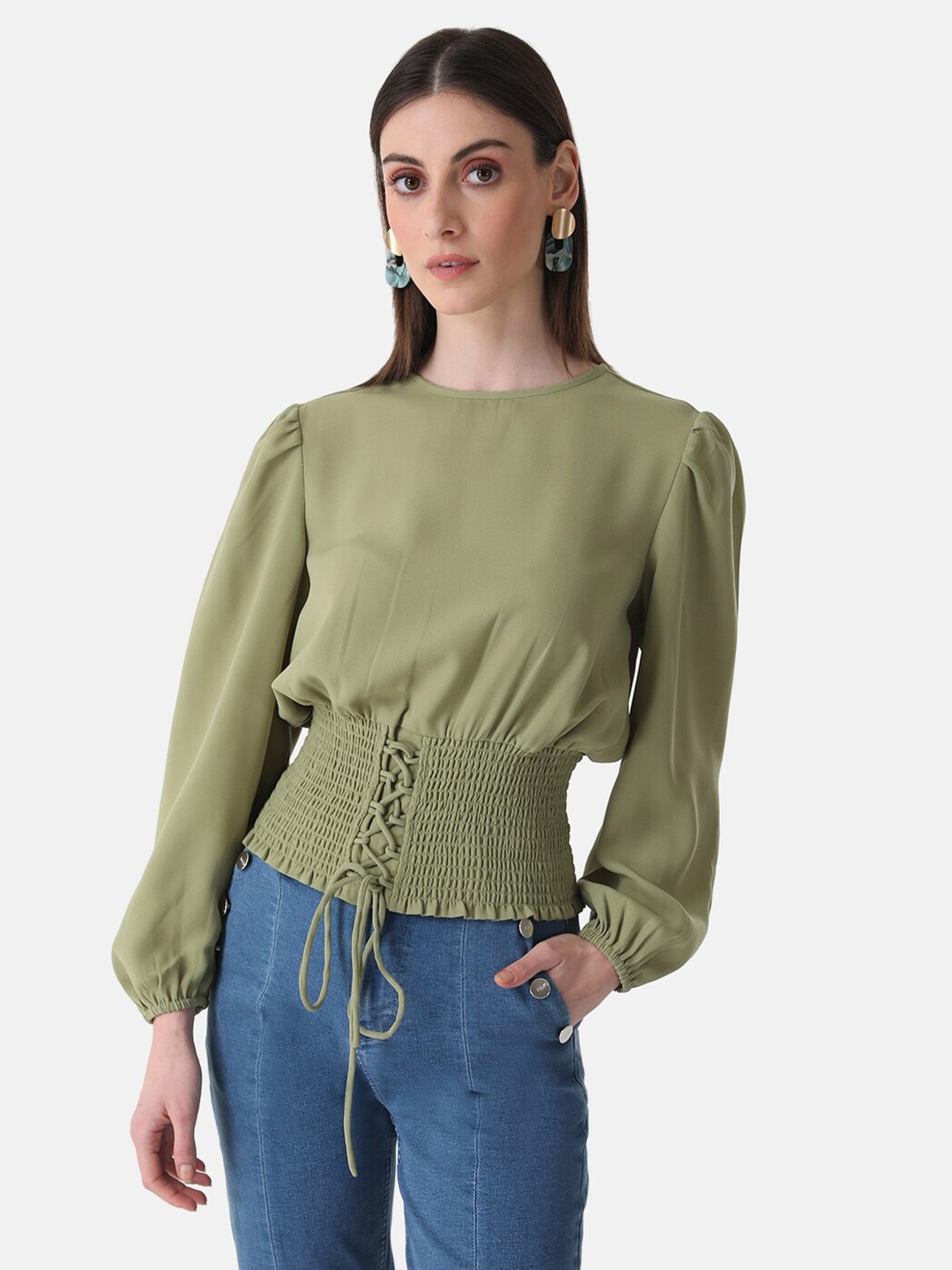 

Kazo Round Neck Cinched Waist Top, Green