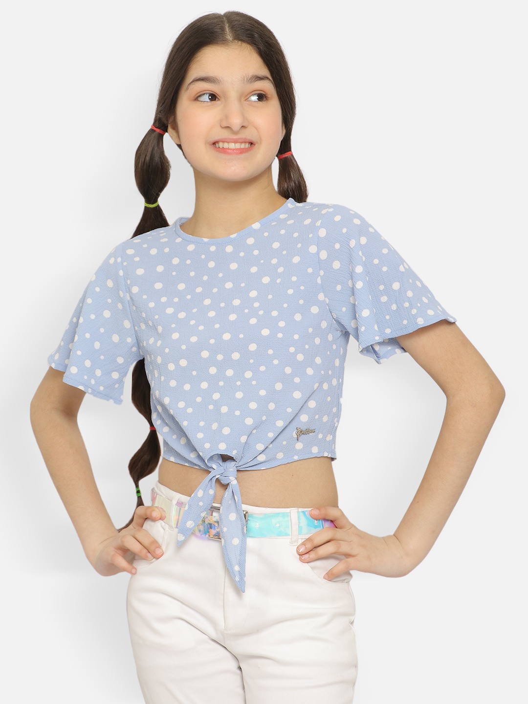 

Natilene Girls Polka Dots Print Crop Top, Blue