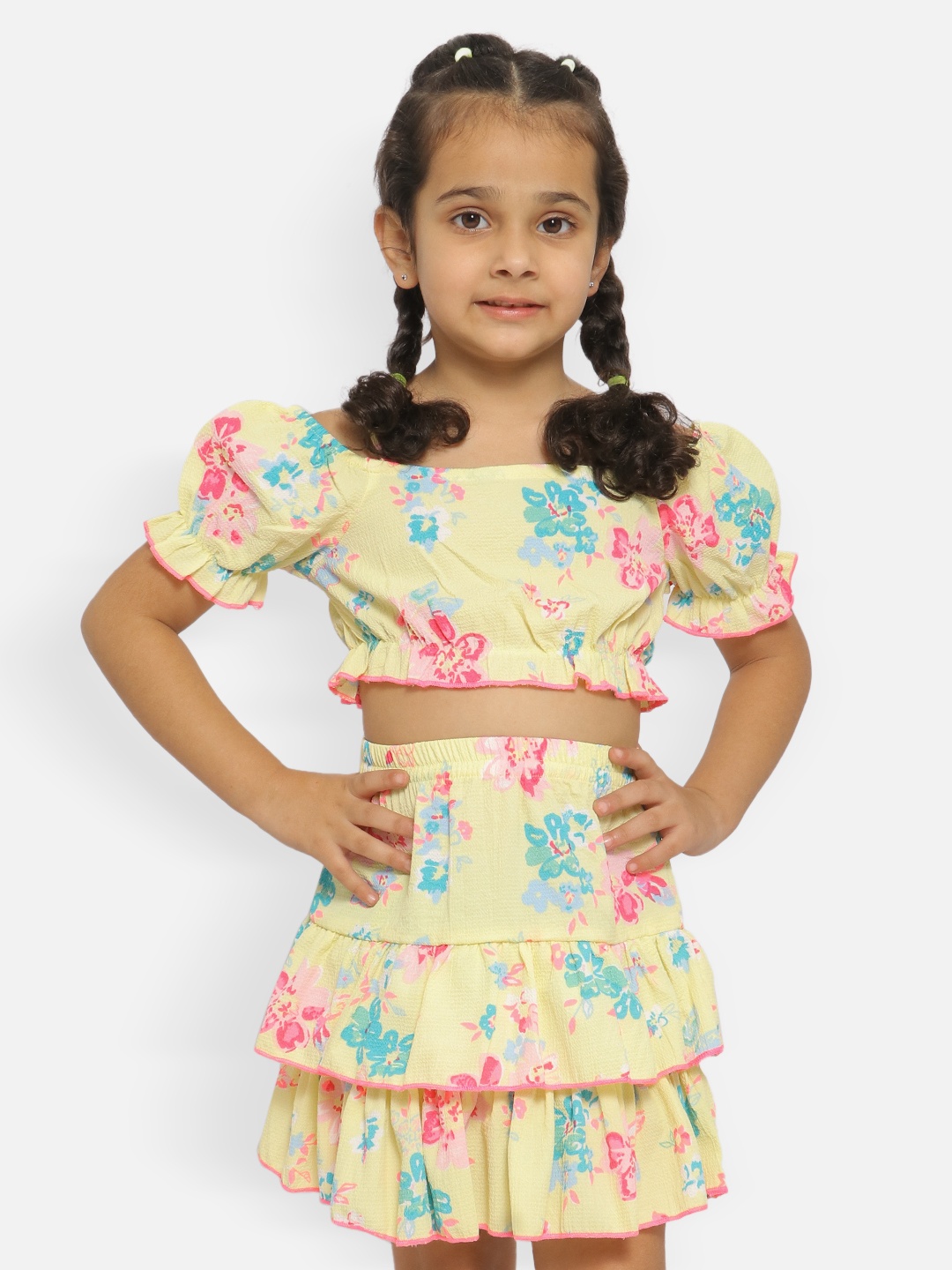 

Nauti Nati Girls Floral Printed Off-Shoulder Top with Skirt, Yellow