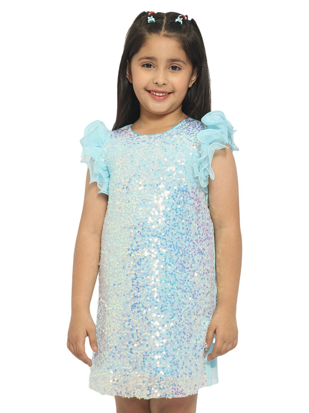 Nauti Nati Kids Embellished Sequinned Net A-Line Dress, Blue