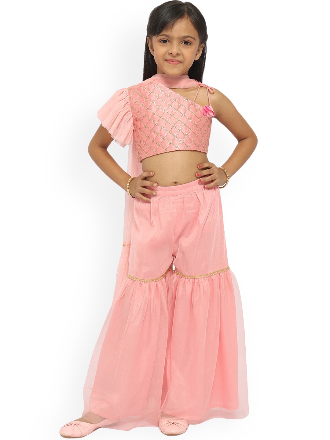 

Nauti Nati Girls Embroidered Thread Work Top with Sharara & Dupatta, Peach