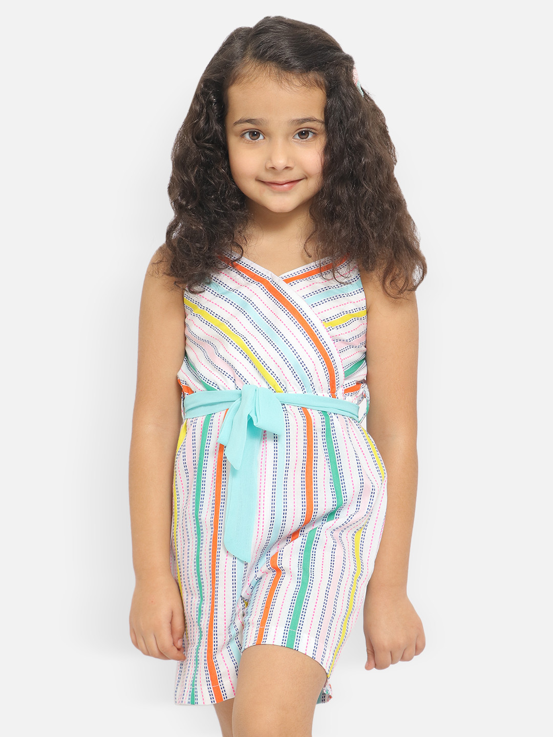 

Nauti Nati Girls Shoulder Strapped Striped Cotton Jumpsuit, White