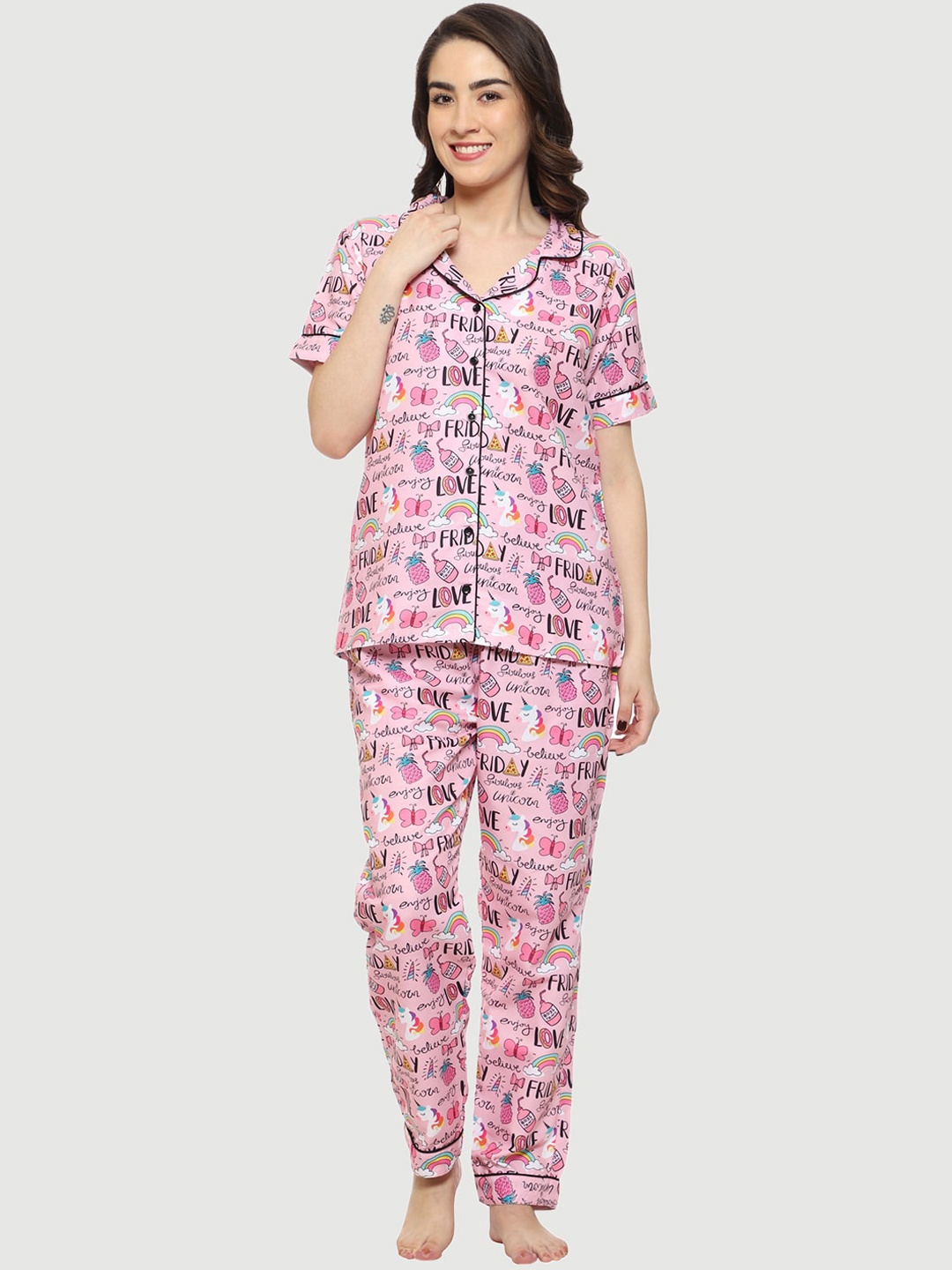 Urban Komfort Women Conversational Printed Night Suit, Pink