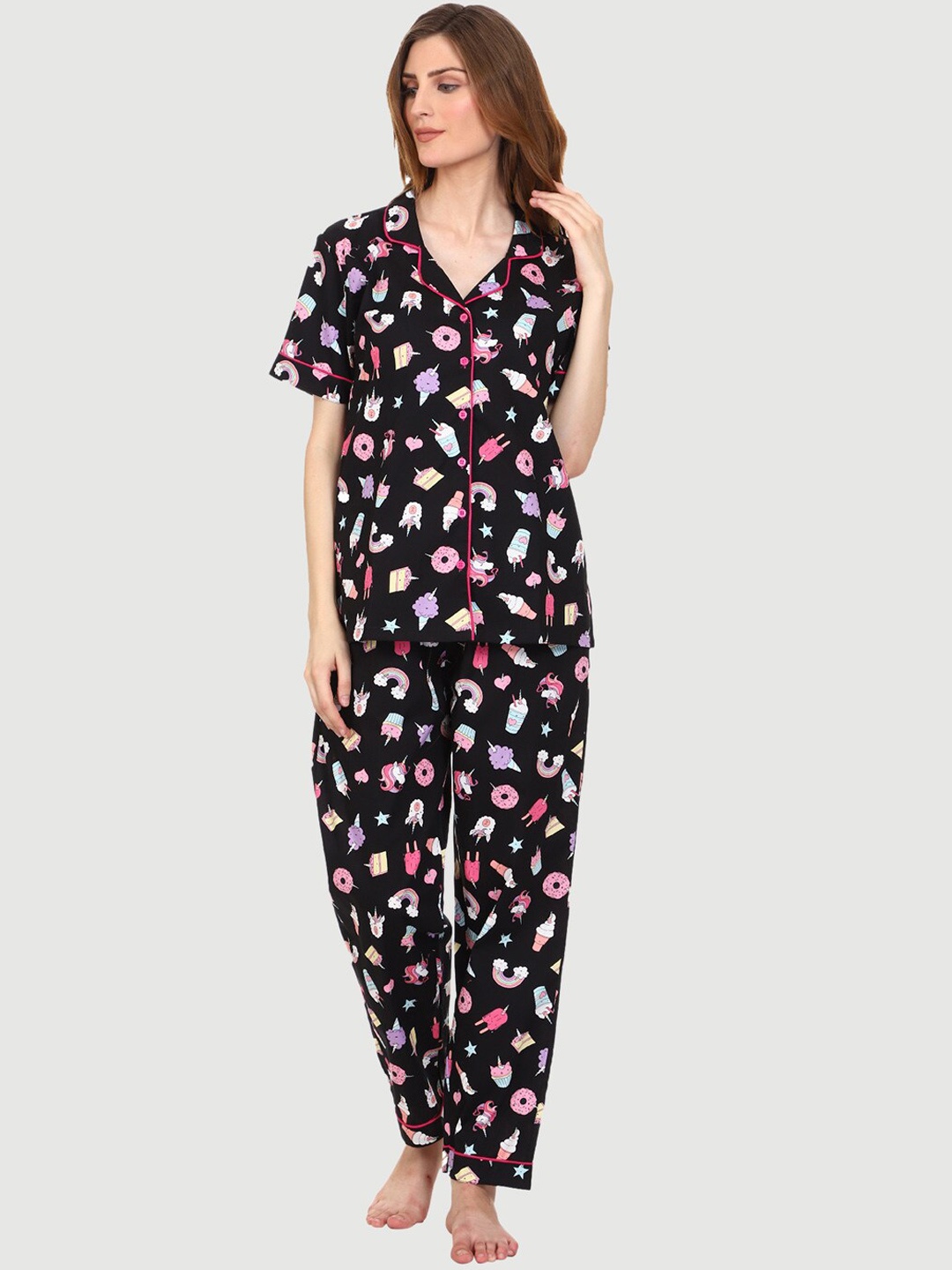 

Urban Komfort Women Conversational Printed Night Suit, Black