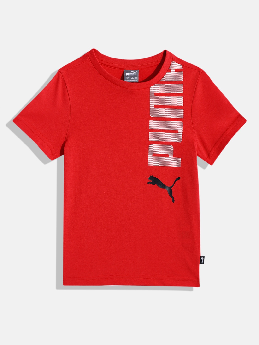 

Puma Boys Ess Logo Lab Printed Regular Fit Pure Cotton T-shirt, Red