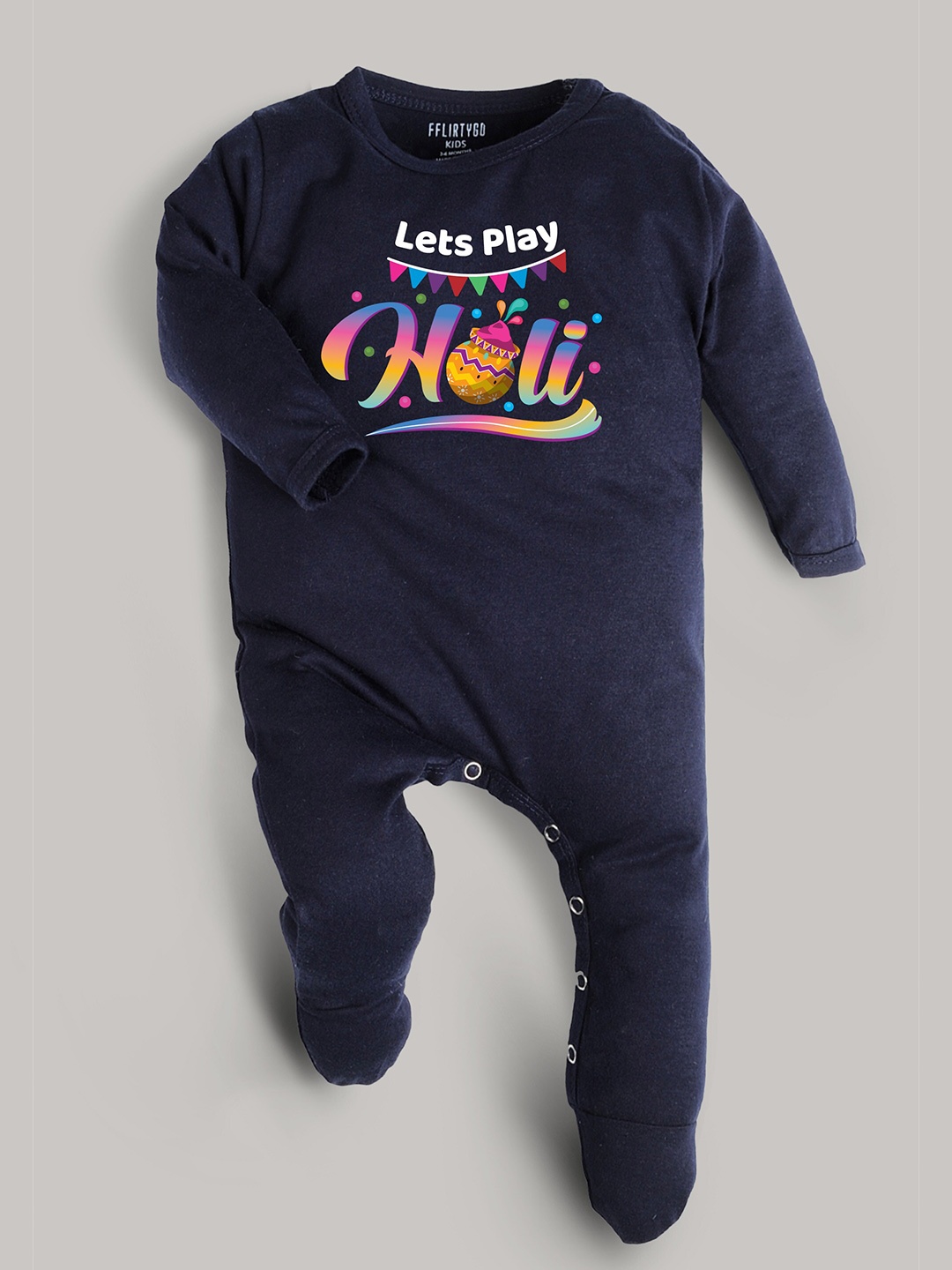 

FFLIRTYGO Kids Holi Printed Pure Cotton Sleepsuit, Navy blue
