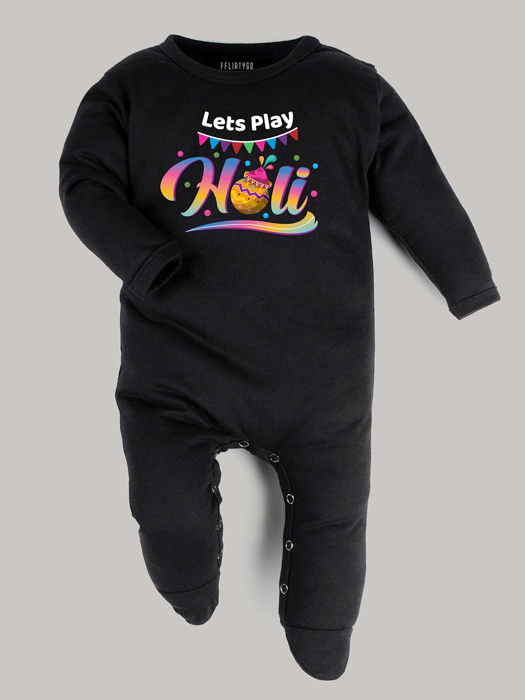 

FFLIRTYGO Infants Holi Printed Pure Cotton Rompers, Black