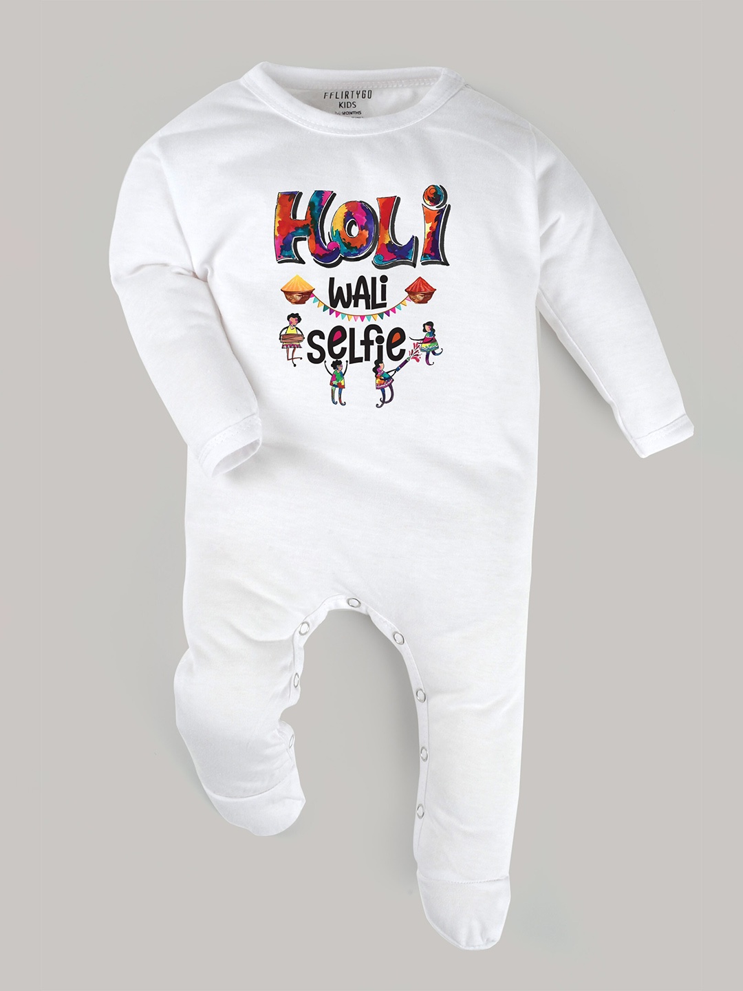 

FFLIRTYGO Infants Holi Printed Pure Cotton Sleepsuit, White