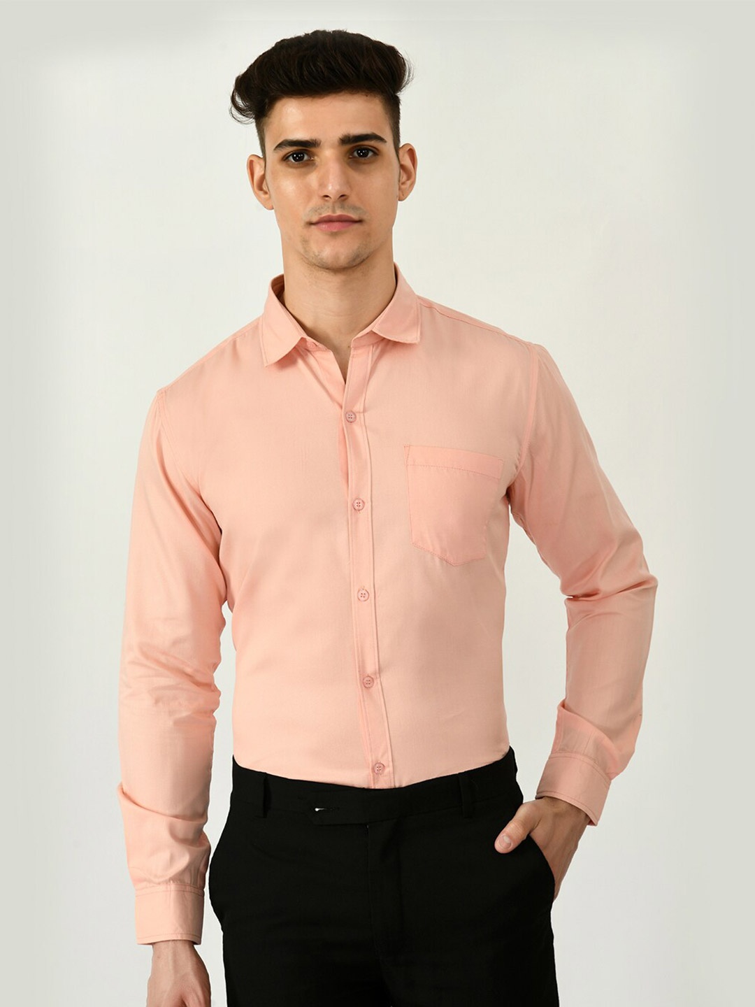 

Riara Men Smart Spread Collar Formal Twill Cotton Shirt, Peach