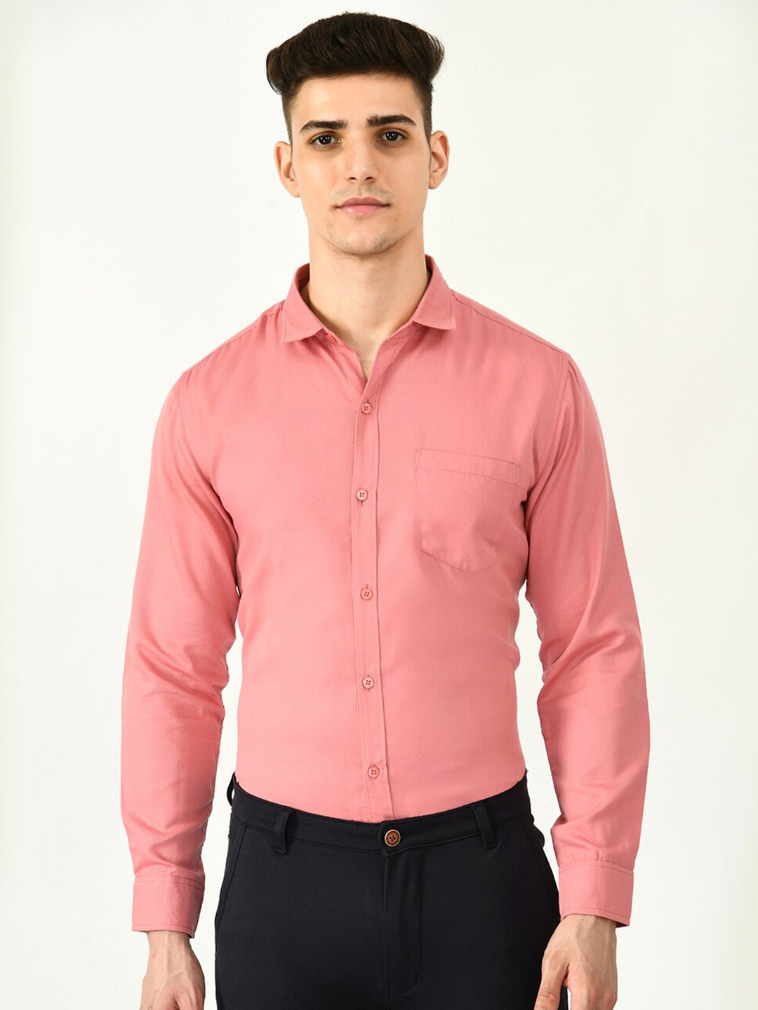

Riara Men Smart Spread Collar Formal Twill Cotton Regular Fit Shirt, Peach