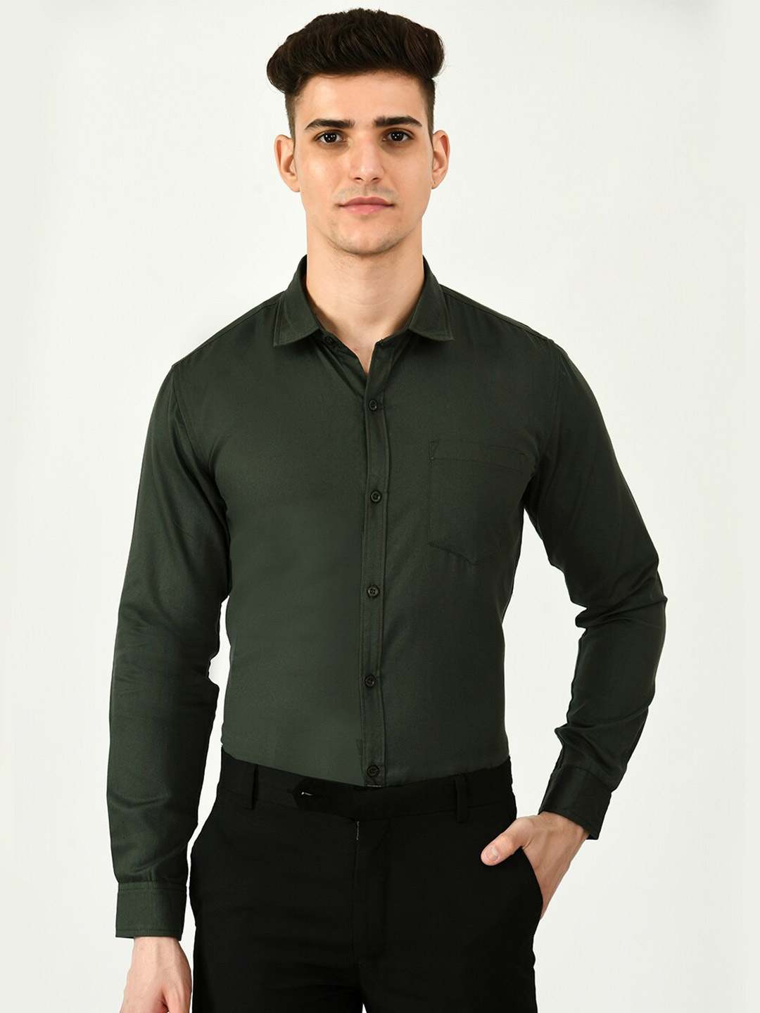 

Riara Men Smart Spread Collar Formal Twill Cotton Shirt, Olive
