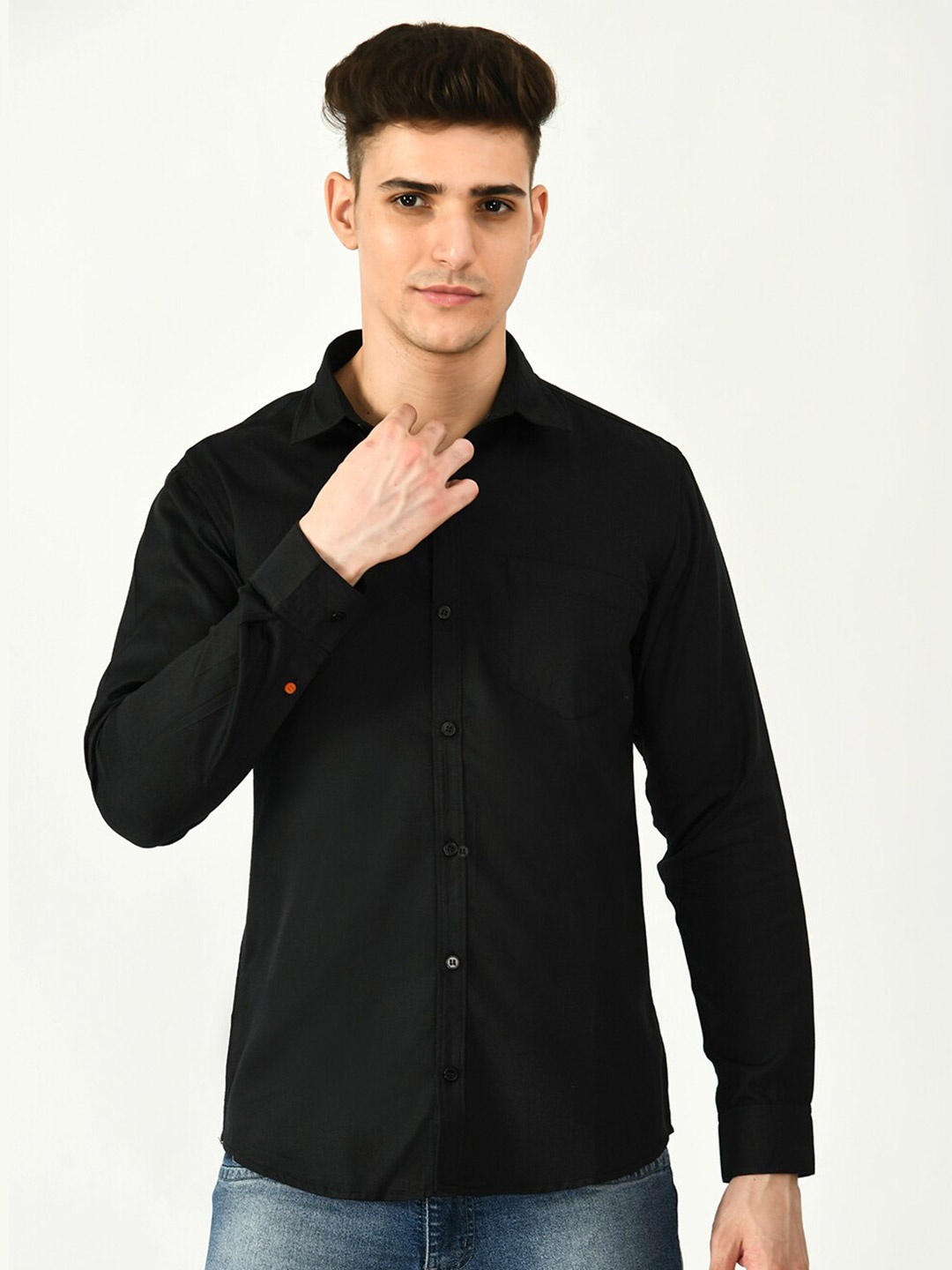 

Riara Men Smart Spread Collar Party Twill Cotton Shirt, Black