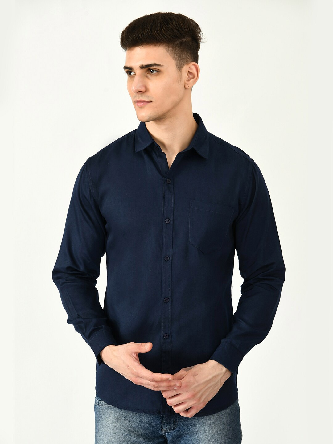 

Riara Men Smart Spread Collar Party Twill Cotton Shirt, Navy blue