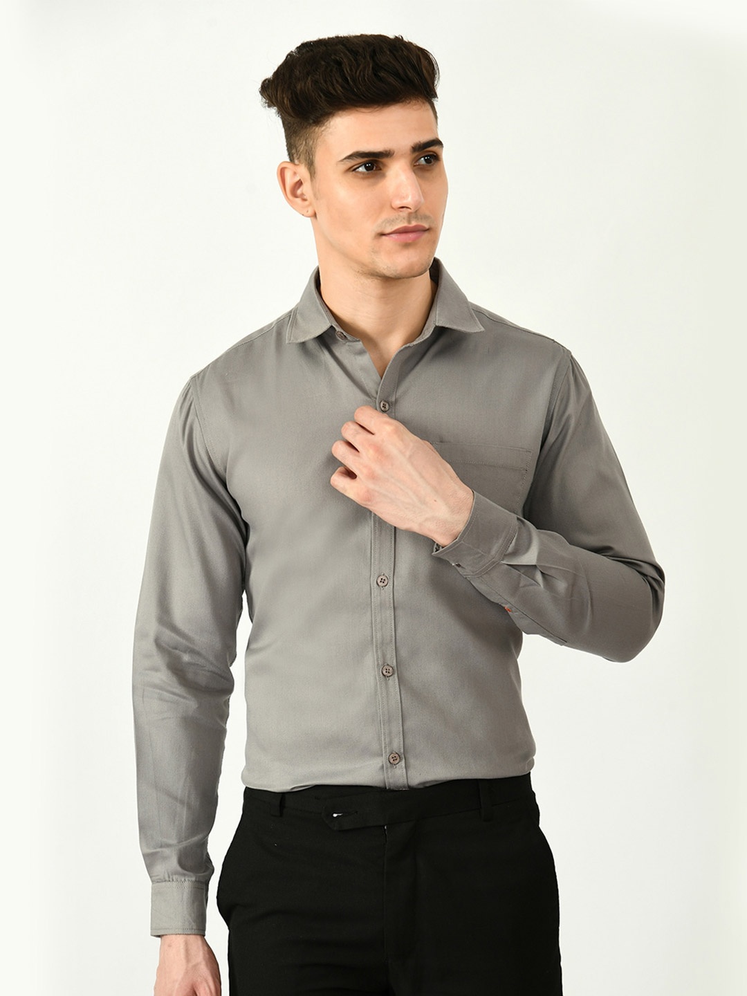 

Riara Men Smart Spread Collar Formal Twill Cotton Shirt, Grey