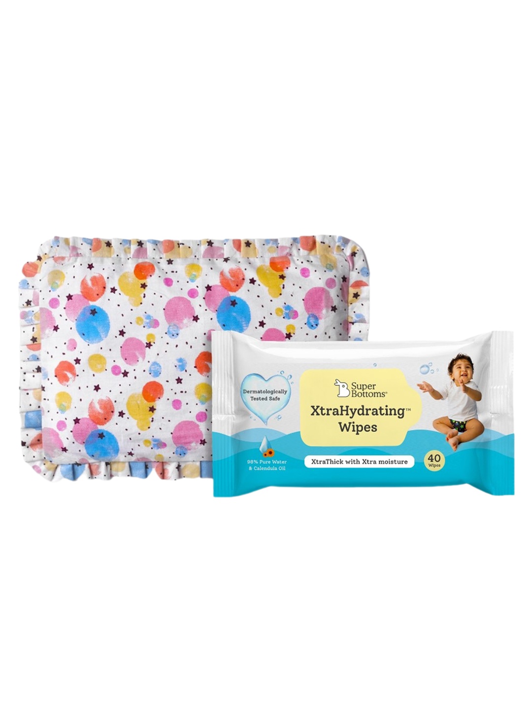 

SuperBottoms Infants Printed Cotton Mustard Seed Pillow With Wipes, White