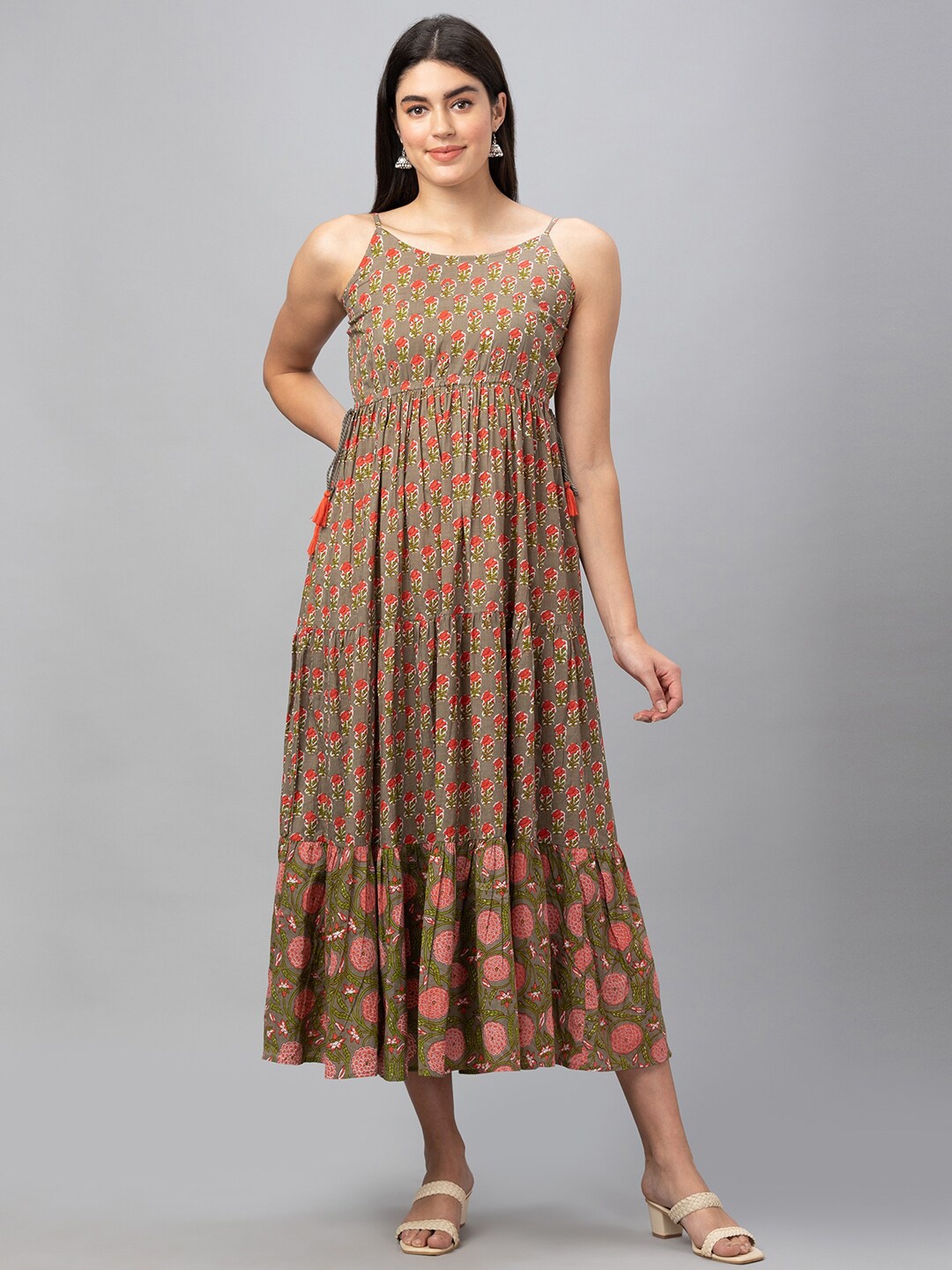 

Globus Floral Printed Pure Cotton Midi Dress, Taupe
