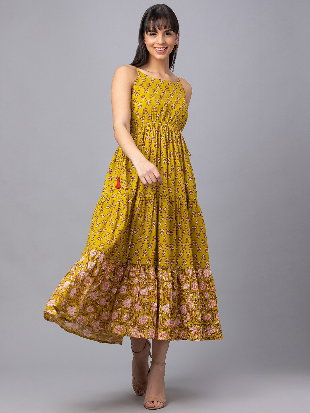 

Globus Floral Printed Pure Cotton Midi Ethnic Dress, Green