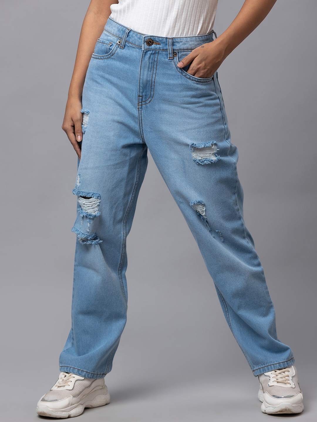 

Globus Women Boyfriend Fit High-Rise Ripped Light Fade Stretchable Jeans, Blue