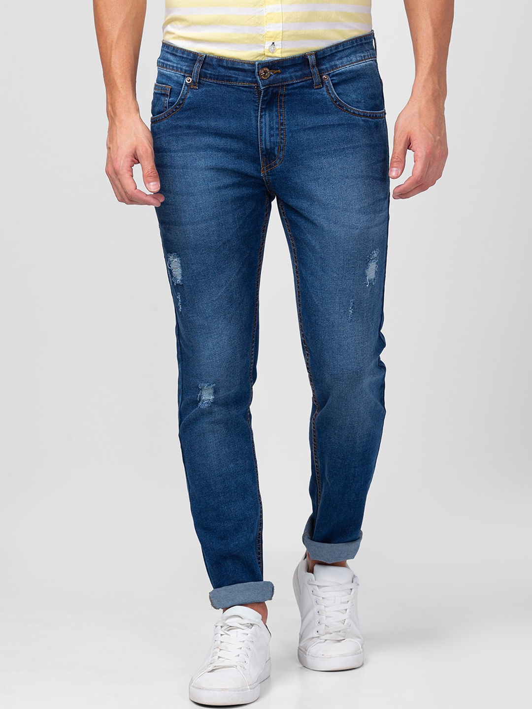 

Globus Men Tapered Fit Mildly Distressed Light Fade Stretchable Jeans, Blue