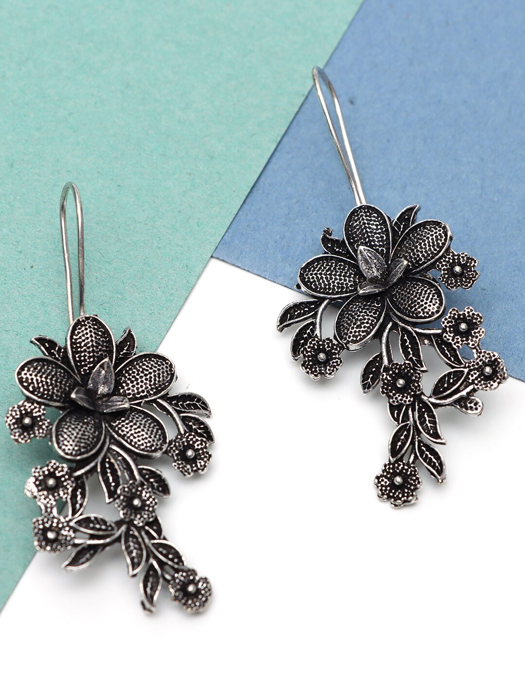 

Ozanoo Women Silver-Plated Floral Drop Earrings