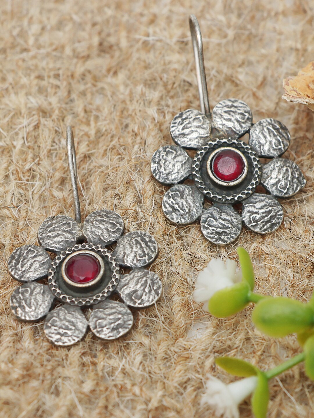 

Ozanoo Women Silver-Plated Floral Drop Earrings, Red