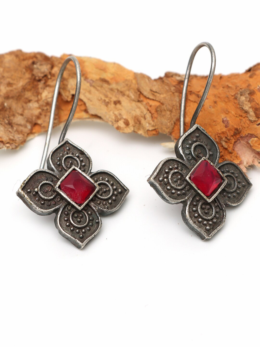 

Ozanoo Women Brass-Plated Floral Drop Earrings, Red